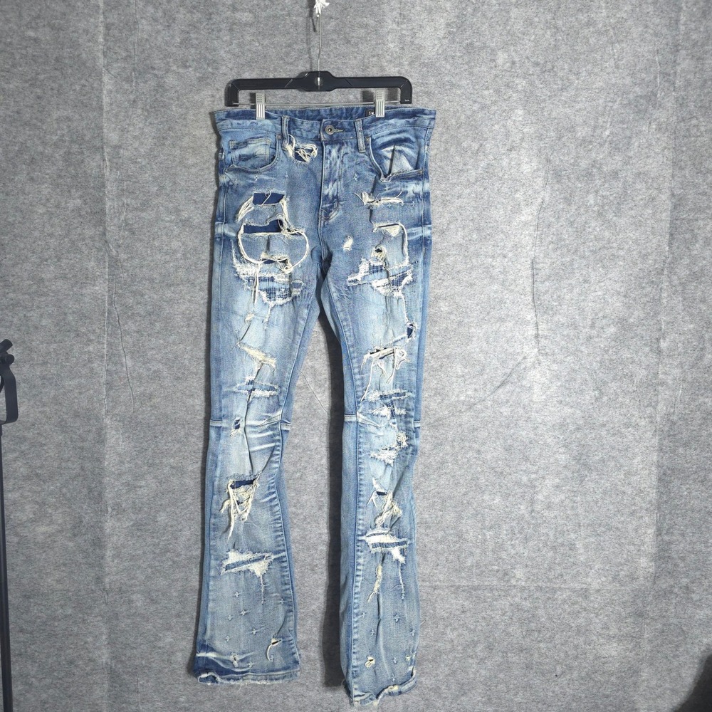 Smoke Rise Distressed Flare Jeans Men 30x36 Blue Streetwear Ripped Repaired Slim